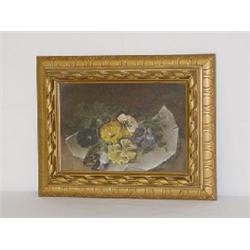 OIL PAINTING ON CANVAS OF PANSIES BY GEORGE HARVEY (6 1/2" X 9 1/2")