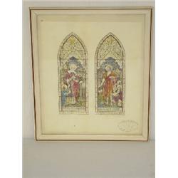 DETAILED WATERCOLOR PAINTING - STUDY FOR STAINED GLASS WINDOWS BY THOMAS F. CURTIS, WARD, & HUGMES -