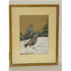 WATERCOLOR 2 FINCHES SIGNED JACKSON MILES ABBOTT 1941 HARRISVILLE NH (11 1/2" X 8 1/4" SIGHT SIZE)