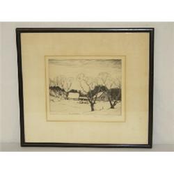 ENGRAVING OF FARM BUILDINGS IN WINTER SIGNED CHAUNCEY RYDER