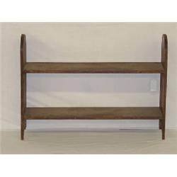 LOW PINE SHELF W/ HALF MOON CUT OUT ENDS & OLD RED PAINT