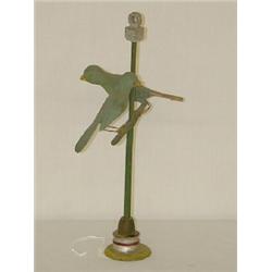 WOODEN CARVED & PAINTED PR. OF GREEN SONGBIRDS ON A PERCH