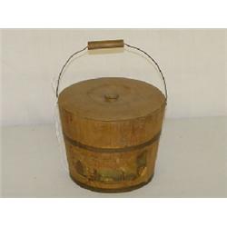 SMALL 3 3/4" WOODEN PAIL W/ LID & BAIL HANDLE - PAPER LABEL "THE OLD OAKEN BUCKET" MARKED E. MURDOCK