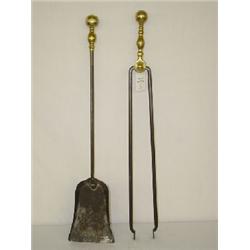 (2) EARLY BRASS BALL TOP FIREPLACE TOOLS - TONGS & SHOVEL