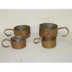 SET (4) EARLY COPPER POTS W/ CURLED HANDLES