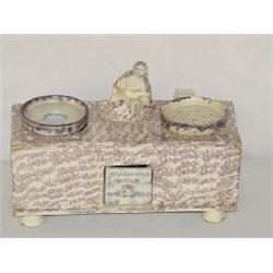 EARLY 19TH CENT. ENGLISH SPONGE DECORATED EARTHENWARE FIGURAL INK STAND