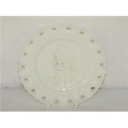 9 1/4" 19TH CENT. AMERICAN WHITE OPALESCENT RETICULATED PLATE W/ INDIAN