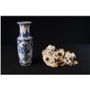 Image 1 : A Blue-and-White Hexagonal Vase and a Dog Ceramics Decoration.