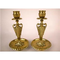 A PAIR OF BRASS URN FORM CANDLESTICKS, CONTINENTAL