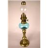 Image 1 : A BRASS OIL LAMP WITH BLUE GLASS, CONTINENTAL