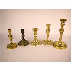 A GROUP OF FIVE BRASS CANDLESTICKS, FRENCH