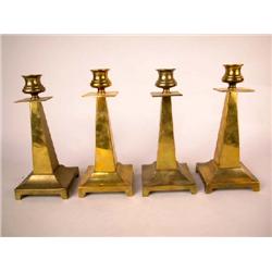 TWO PAIRS OF BRASS COLUMNAR SQUARE BASE CANDLESTICKS, CONTINENTAL