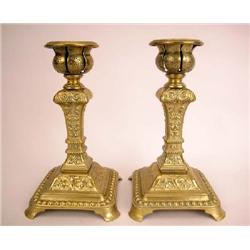 A PAIR OF BRASS VICTORIAN RENAISSANCE REVIVAL SQUARE BASED CANDLESTICKS, ENGLISH