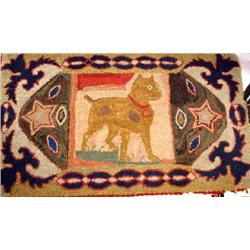 A PRIMITIVE HAND HOOKED RUG DEPICTING A BOXER DOG