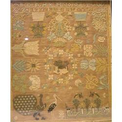 A POLYCROME PICTORIAL NEEDLEWORK SAMPLER