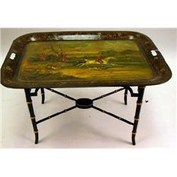A VICTORIAN TOLE TRAY ON FAUX BAMBOO STAND