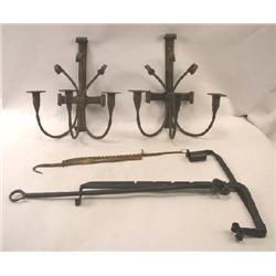 A WROUGHT IRON, HANGING RATCHET, RUSH AND CANDLE LIGHT FIXTURE, PAIR OF ROD IRONS AND THREE LIGHT WA