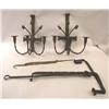 Image 1 : A WROUGHT IRON, HANGING RATCHET, RUSH AND CANDLE LIGHT FIXTURE, PAIR OF ROD IRONS AND THREE LIGHT WA