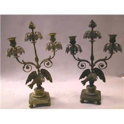 A PAIR OF BRONZE TWO LIGHT EAGLE & SNAKE CANDELABRAS