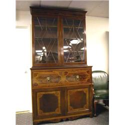 A VERY FINE GEORGE III SATINWOOD-INLAID FIGURED MAHOGANY BUREAU BOOKCASE
