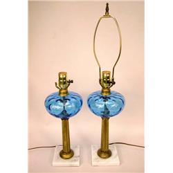 A PAIR OF BLUE, BRASS AND MARBLE SANDWICH STYLE LAMPS