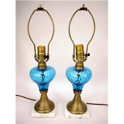 A PAIR OF BLUE SANDWICH GLASS TABLE LAMPS WITH BRASS AND MARBLE BASE