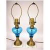 Image 1 : A PAIR OF BLUE SANDWICH GLASS TABLE LAMPS WITH BRASS AND MARBLE BASE