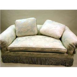 A CONTEMPORARY BLUE AND WHITE SILK UPHOLSTERED LOVESEAT