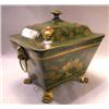 Image 1 : A VICTORIAN GREEN AND PARCEL-GILT TOLE SCUTTLE ON PAW FEET