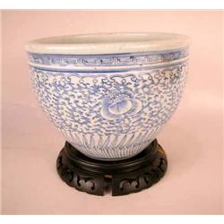 A CHINESE BLUE AND WHITE BOWL ON STAND