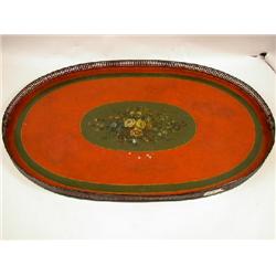 A VICTORIAN OVAL, SCARLET AND GREEN FLORAL-DECORATED TOLE TRAY