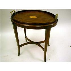 A GEORGE III STYLE INLAID MAHOGANY OVAL TRAY ON STAND
