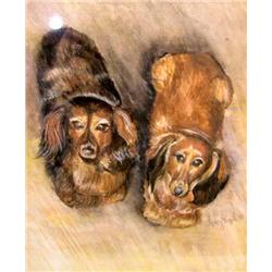 DRAWING, LINDSY RUPPEL'99, Polychrome portrait of two dachshunds, 8 3/4"h x 7 1/4"w