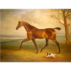 AN OIL ON CANVAS, Portrait of a fine horse and black and white dog, unsigned, framed, 23"h x 31"w