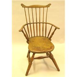 A YELLOW AND RED PAINTED FAN-BACK WINDSOR ARMCHAIR