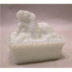 A COVERED MILK GLASS KING WILLIAM SPANIEL SERVING DISH