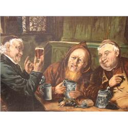 AN OIL ON CANVAS DEPICTING A TAVERN SCENE