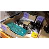 Image 2 : TRAY OF FISHING REELS TACKLE BOX AND 3 FISHING RODS