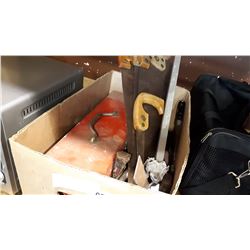 RED TOOL BOX AND BOX LOT OF SAWS ETC