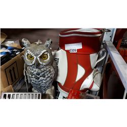 GOLF BAG AND TRASH CAN AND OWL DECOY