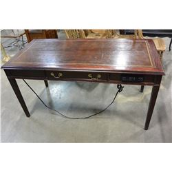 2 DRAWER DARK MAHOGANY TABLE WITH LEATHER INSERT AND OUTLETS