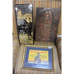 ETCHED COPPER ART, BUCKAROO ADVERT AND MIRRORED PRINT