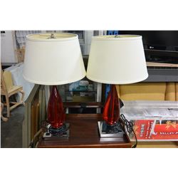 PAIR OF RED GLASS TABLE LAMPS