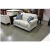 Image 2 : NEW ASHLEY BEIGE TUFTED FABRIC LOVESEAT WITH NAILHEAD ACCENTS, RETAIL $1699