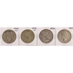Lot of (2) 1934 & (2) 1934-S $1 Peace Silver Dollar Coins