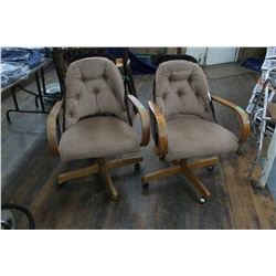 Two Oak Swivel Chairs - Upholstered Seats - On Wheels ** Must Pick up
