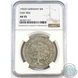 1932D Germany 5-Mark Oak Tree NGC Certified AU-55.