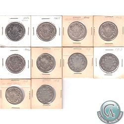 1913-1949 Canada Silver 50-cents: 1913, 1918, 1919, 1941, 1942, 1943, 1944, 1945, 1946 & 1949. 10 pc