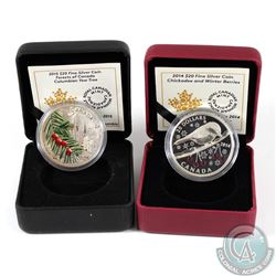 Lot of 2x Canada $20 Fine Silver Coins - 2014 Chickadee and Winter Berries (capsule scratched) & 201