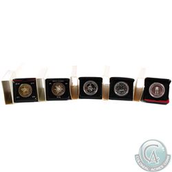 1971, 1973, 1975, 1977 & 1978 Canada Cased Silver Dollars (1971 & 1973 coins are toned and capsules 